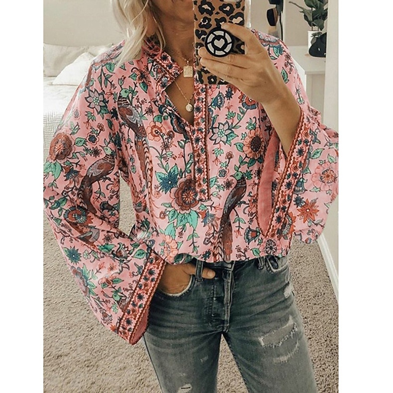 Damen Hemd Bluse Gelb Rosa Pudriges Rosa Graphic Blumen Taste Bedruckt Langarm Täglich Festtage Vintage Boho Strassenmode Rundhalsausschnitt Standard Boho S 2026 - $28.99 –P13
