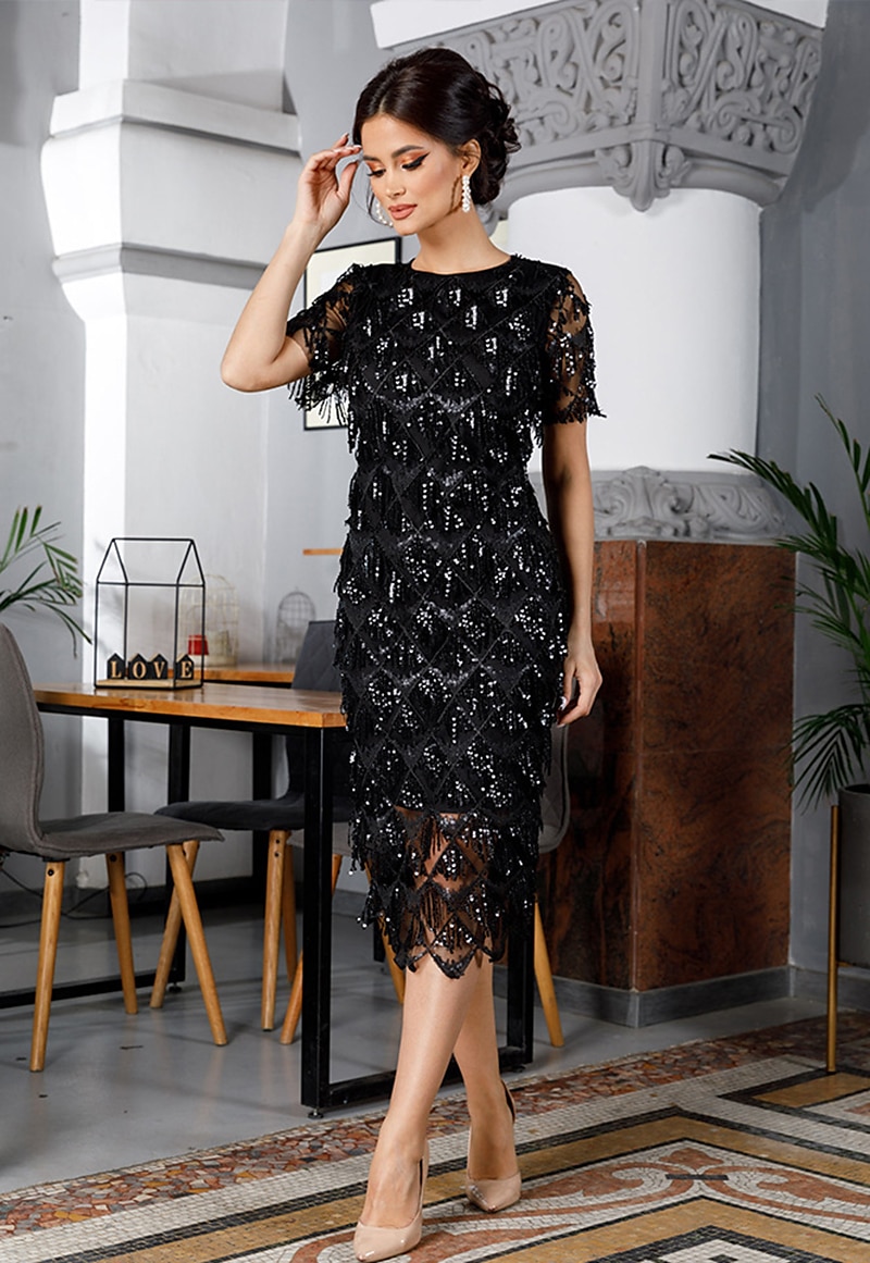 Elegant Classical Cocktail Dress Flapper Dress Dress Christmas Party Dress Knee Length Lady Women's Sequins Tassel Fringe Normal Valentine's Day Wedding Wedding Guest Event / Party Adults' Dress 2024 - $54.99 –P1