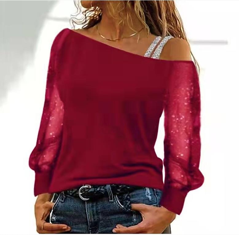 Mulheres Camiseta Preto Vinho Azul Tecido Com Transparência Patchwork Manga Longa Para Noite Final de semana Um Ombro Sensual Estilo Praia Assimétrico Padrão S de 2025 por $21.99 –P5