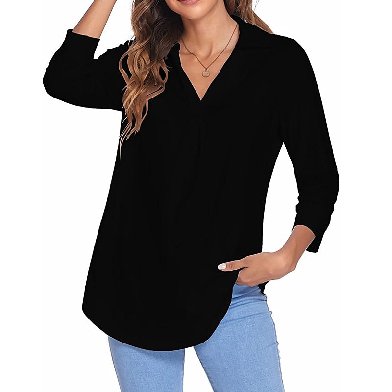 damesblouse t-shirt basic effen dagelijks v-hals normaal lente&amp;  herfst groen blauw wit zwart donker rood 2025 - $26.99 –P7