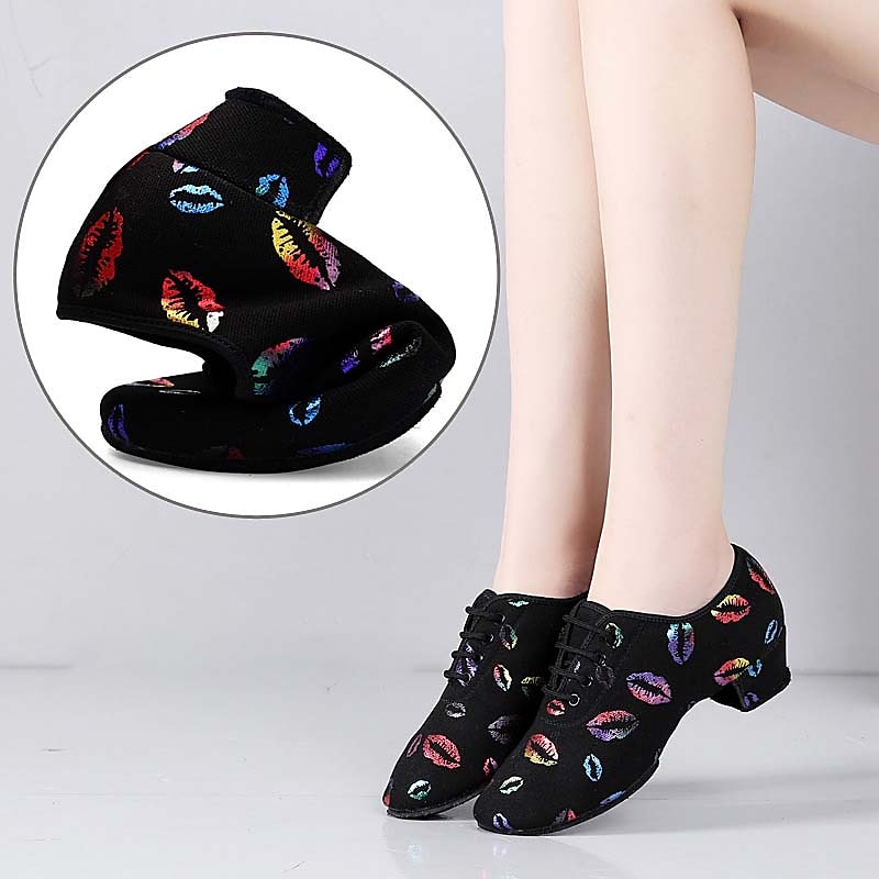 Women's Latin Shoes Practice Trainning Dance Shoes Line Dance Indoor Professional Pattern / Print Soft Two-Point Bottom Pattern / Print Lace-up Thick Heel Lace-up Rainbow 2025 - $42.99 –P4