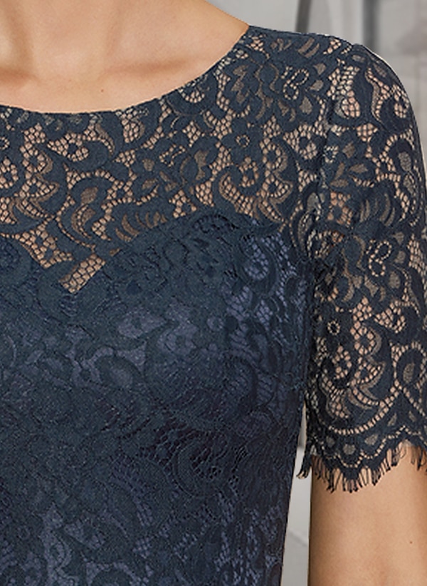 Abito A-Line madre della sposa per invitati al matrimonio elegante collo a scollo alto asimmetrico lunghezza tè in satin pizzo maniche corte con pieghe 2025 taglia personalizzata gratuita del 2025 a $153.99 –P2