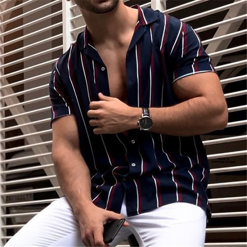 Men's Shirt Turndown Sports Fashion Classic Summer Short Sleeve Army Green Navy Blue Gray Striped Turndown Street Casual Button-Down Clothing Clothes Cotton Cotton Blend Sports Fashion Classic 2025 - $10.99 –P2