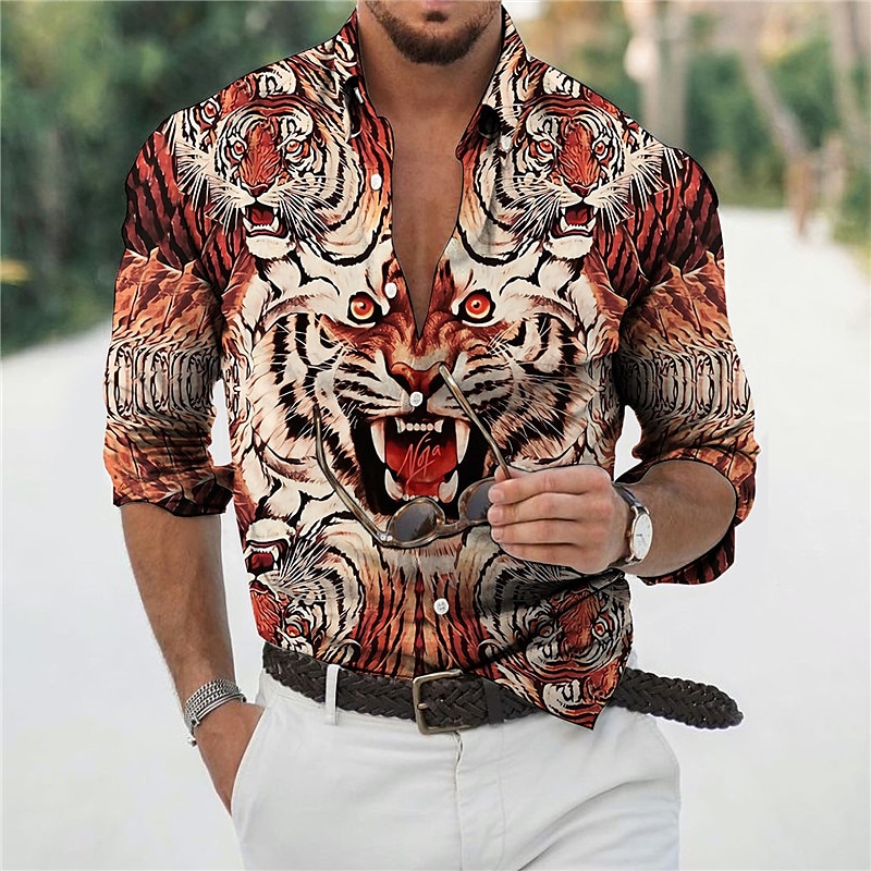 Voor heren dier Tijger Overhemd Overhemd met knopen Lange mouw Modieus Ontwerper Casual Buiten Vakantie Dagelijks Lente zomer Kraag 3D-afdrukken Button-omlaag Geel 2025 - $24.99 –P1