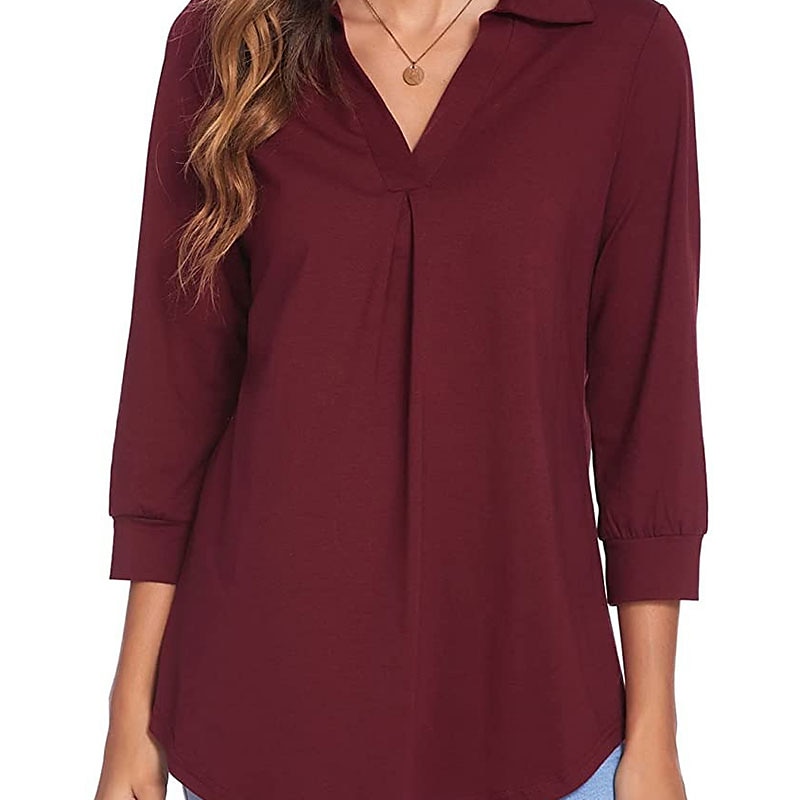 damesblouse t-shirt basic effen dagelijks v-hals normaal lente&amp;  herfst groen blauw wit zwart donker rood 2025 - $26.99 –P4
