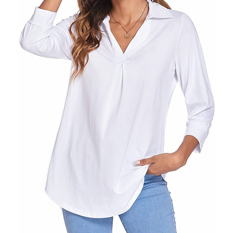 damesblouse t-shirt basic effen dagelijks v-hals normaal lente&amp;  herfst groen blauw wit zwart donker rood 2025 - $26.99 –P17