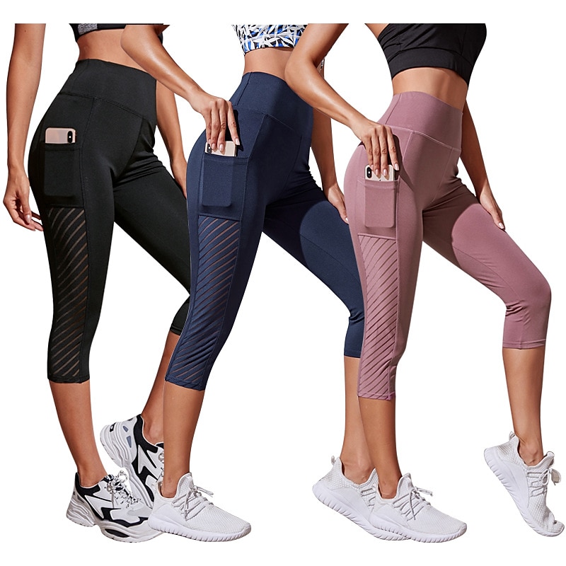 Pantalon de yoga Femme Contrôle du Ventre Lifting des fesses Séchage rapide Poches latérales Yoga Aptitude Exercice Physique Jambières Capri Bas Taille haute Maille Des sports Tenues de Sport / Slim de 2025 ? $20.99 -P1