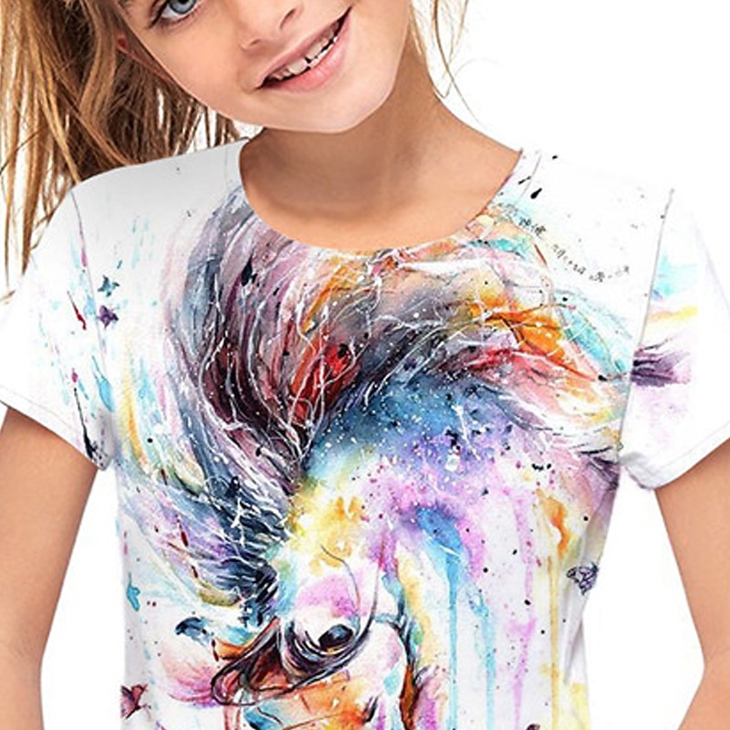 Para Meninas 3D Animal Cavalo Camisa Manga Curta Impressão 3D Verão Primavera Ativo Moda Estilo bonito Infantil 3-12 anos Ao ar livre Diário Interior Normal de 2026 por $11.99 –P3