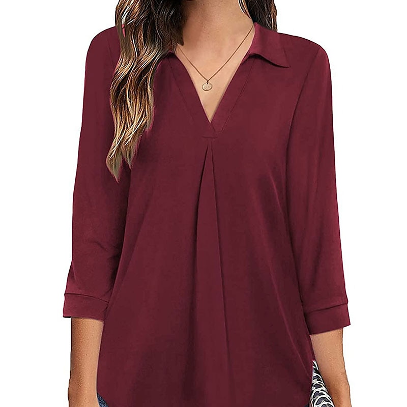 damesblouse t-shirt basic effen dagelijks v-hals normaal lente&amp;  herfst groen blauw wit zwart donker rood 2025 - $26.99 –P6