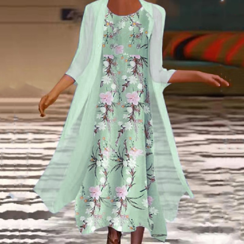 Wearing Midi Dress Set Rochie în Două Piese Rochie Verde Deschis Albastru Deschis Mâneci de 3/4 Floral Imprimeu Vară Primăvară Gât Crew Elegant 2025 - $36.99 –P6