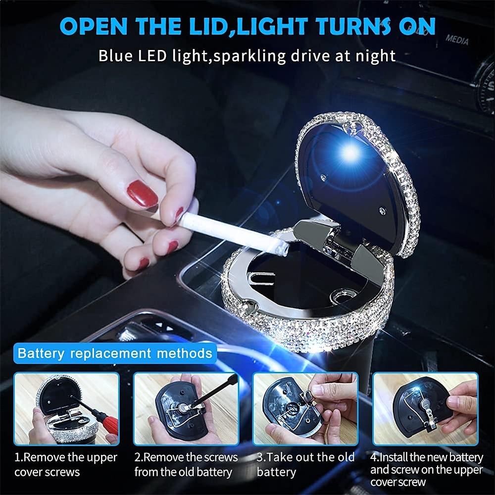 Car Ashtray Portable Bling Cigarette Smokeless Cylinder Cup Holder with Blue LED Light Indicator Car Accessories for Women Ideal for Car Home and Office 1PCS 2025 - $17.99 –P1