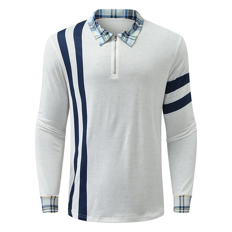 Men's Polo Shirt Golf Shirt Outdoor Work Standing Collar Long Sleeve Sports Fashion Plaid / Check Patchwork Braided All Seasons Slim White Blue Polo Shirt 2025 - $18.99 –P3