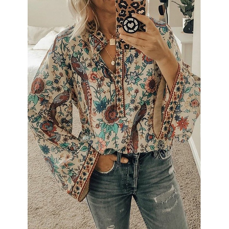 Damen Hemd Bluse Gelb Rosa Pudriges Rosa Graphic Blumen Taste Bedruckt Langarm Täglich Festtage Vintage Boho Strassenmode Rundhalsausschnitt Standard Boho S 2026 - $28.99 –P2