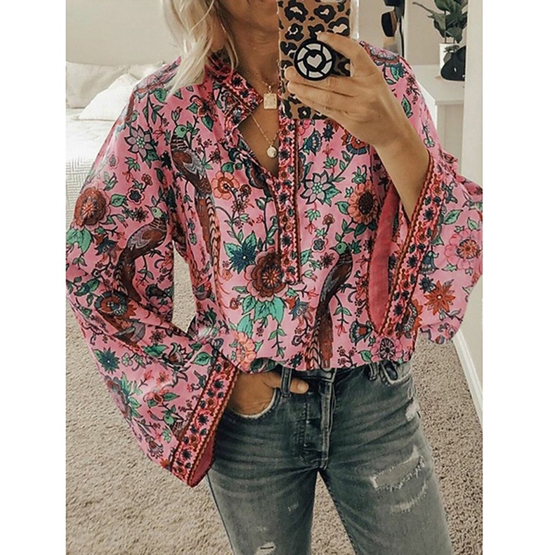 Damen Hemd Bluse Gelb Rosa Pudriges Rosa Graphic Blumen Taste Bedruckt Langarm Täglich Festtage Vintage Boho Strassenmode Rundhalsausschnitt Standard Boho S 2026 - $28.99 –P14