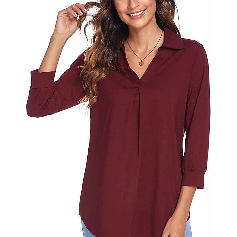 damesblouse t-shirt basic effen dagelijks v-hals normaal lente&amp;  herfst groen blauw wit zwart donker rood 2025 - $26.99 –P5
