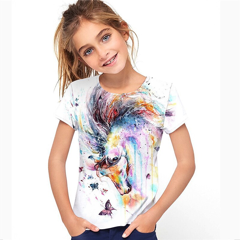 Para Meninas 3D Animal Cavalo Camisa Manga Curta Impressão 3D Verão Primavera Ativo Moda Estilo bonito Infantil 3-12 anos Ao ar livre Diário Interior Normal de 2026 por $11.99 –P1