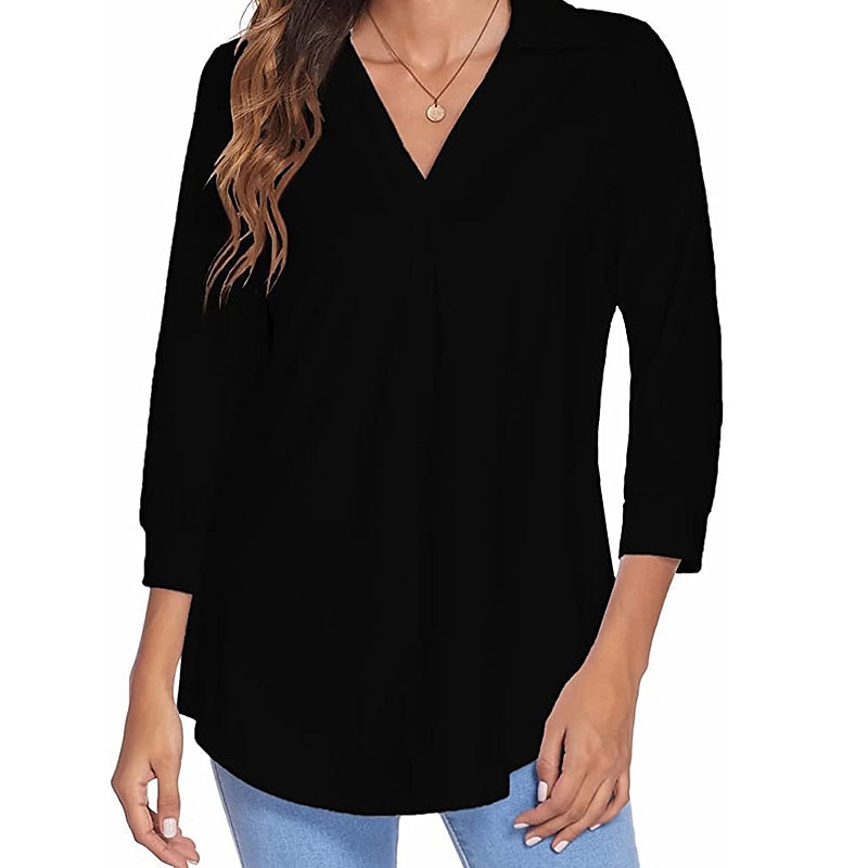 damesblouse t-shirt basic effen dagelijks v-hals normaal lente&amp;  herfst groen blauw wit zwart donker rood 2025 - $26.99 –P9
