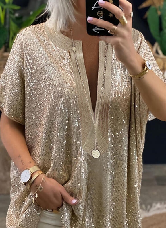 Women's Shirt Blouse Elegant Vintage Fashion Sparkly Sequins Long Sleeve Regular Tops V Neck Casual Weekend Silver Gold Spring Fall 2025 - $36.99 –P2