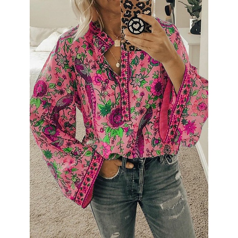Damen Hemd Bluse Gelb Rosa Pudriges Rosa Graphic Blumen Taste Bedruckt Langarm Täglich Festtage Vintage Boho Strassenmode Rundhalsausschnitt Standard Boho S 2026 - $28.99 –P11