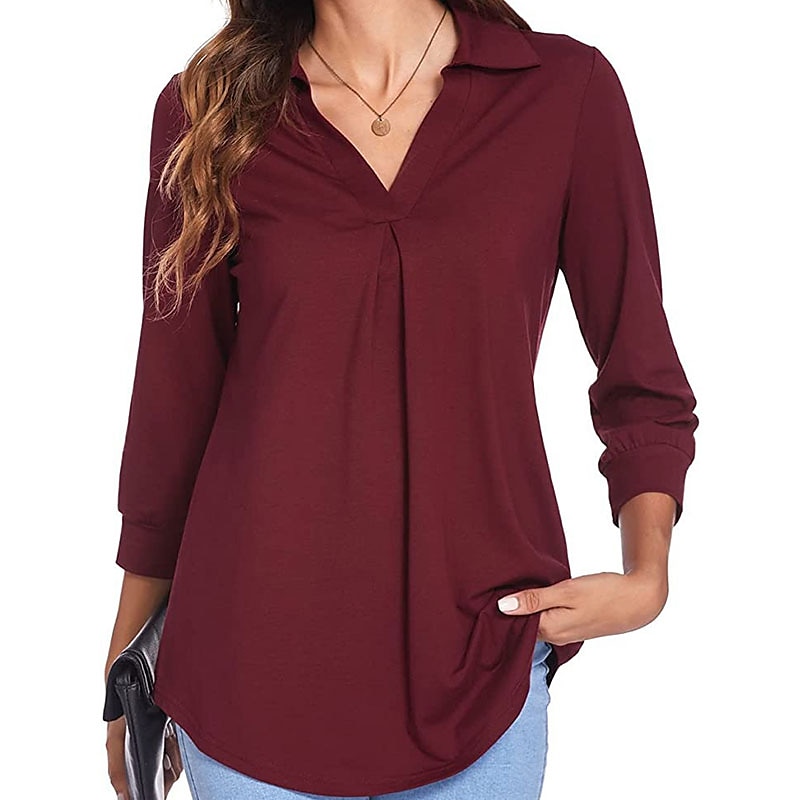 damesblouse t-shirt basic effen dagelijks v-hals normaal lente&amp;  herfst groen blauw wit zwart donker rood 2025 - $26.99 –P2