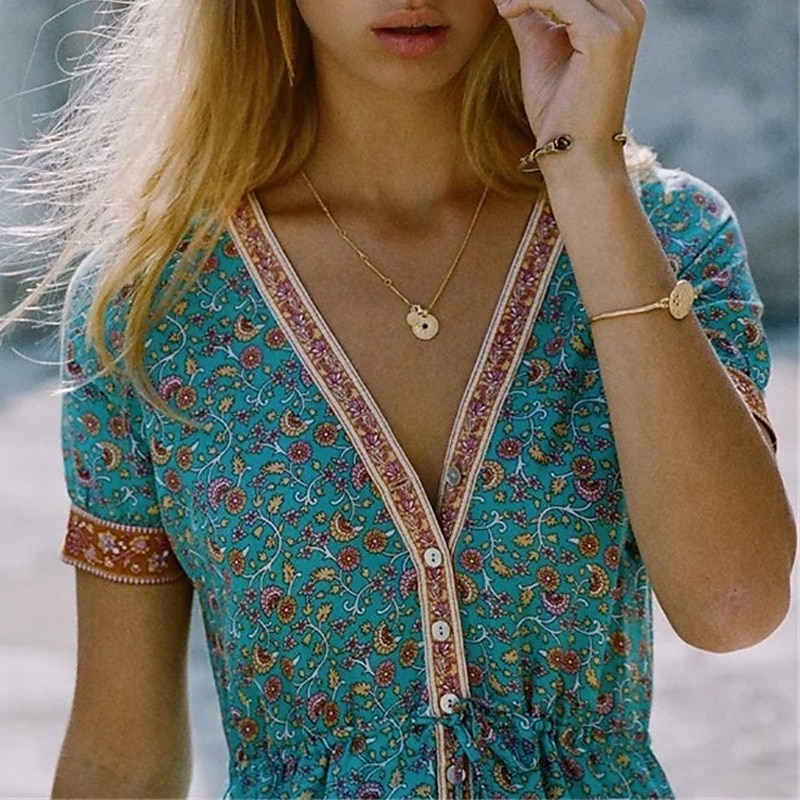 Pentru femei Rochii Midi Rochie casual Rochie etnică Rochie leagăn Rochie Boho Stilat Modern Casual În aer liber Vacanță Concediu Fit regulat Floral Imprimeu Paisley Manșon scurt În V Roșu-aprins 2025 - $36.99 –P4