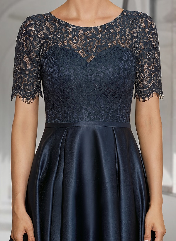 Abito A-Line madre della sposa per invitati al matrimonio elegante collo a scollo alto asimmetrico lunghezza tè in satin pizzo maniche corte con pieghe 2025 taglia personalizzata gratuita del 2025 a $153.99 –P1