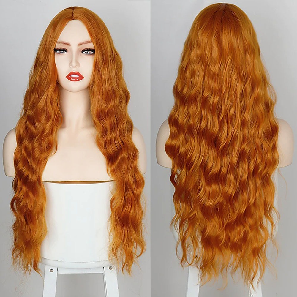 orange peruka dla kobiet długa fala wody syntetyczne włosy peruki ginger wig ombrewine niebieski różowy brązowy szary czarny fioletowy zielony 26 cal 2025 - $17.49 –P4