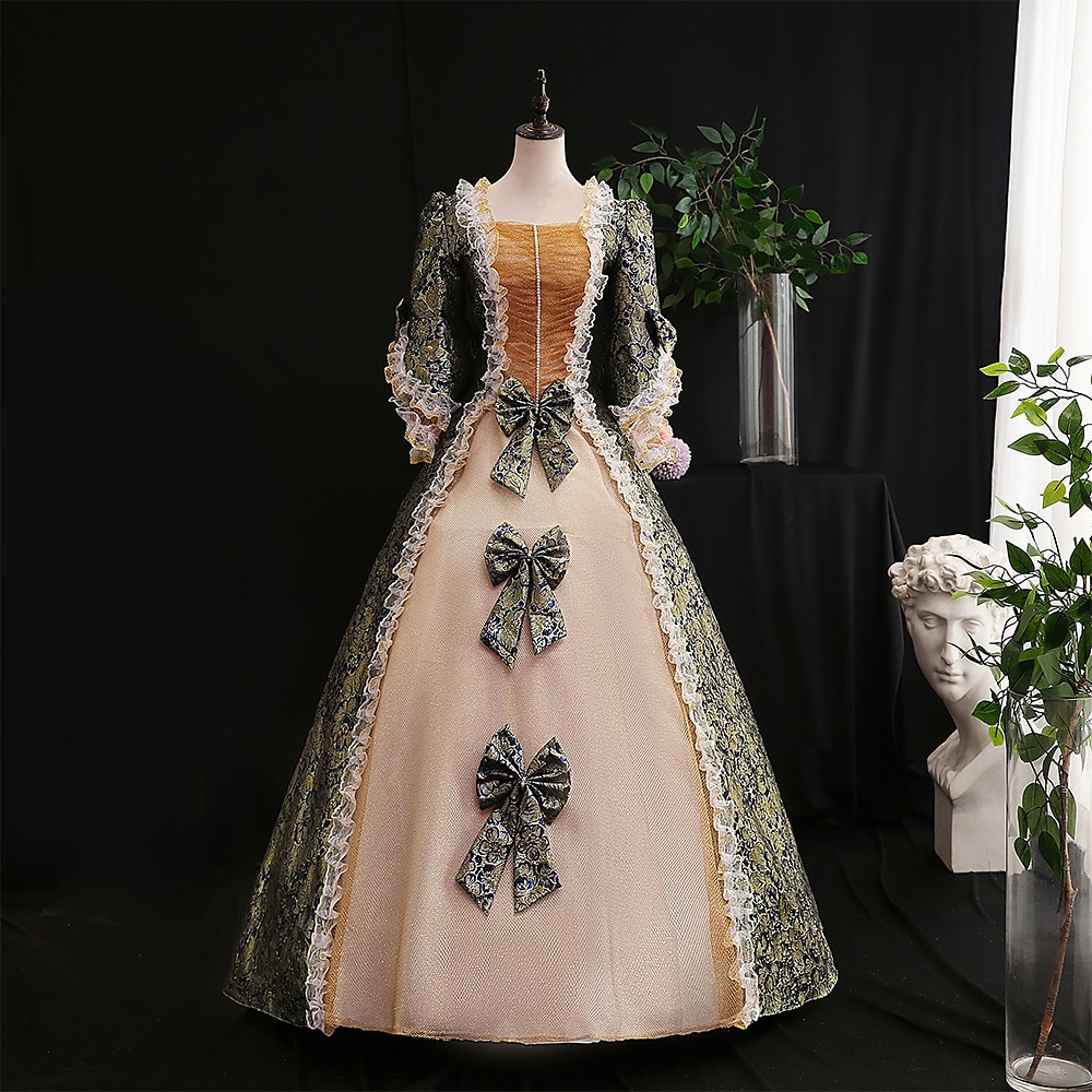 Graceful Retro Renaissance Blue Floral Jacquard Prom Ball Dress Appliques Lace Half Sleeve Long Formal Dress