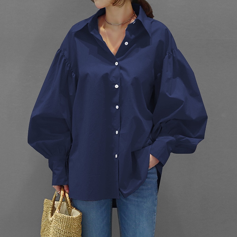 Per donna Camicia Blusa Semplice Casual Manica Lunga Manica a Lanterna Colletto a Camicia Top Regolari Quotidiano Weekend Bottoni Nero Bianco Giallo Blu Primavera Autunno del 2025 a $27.99 –P11