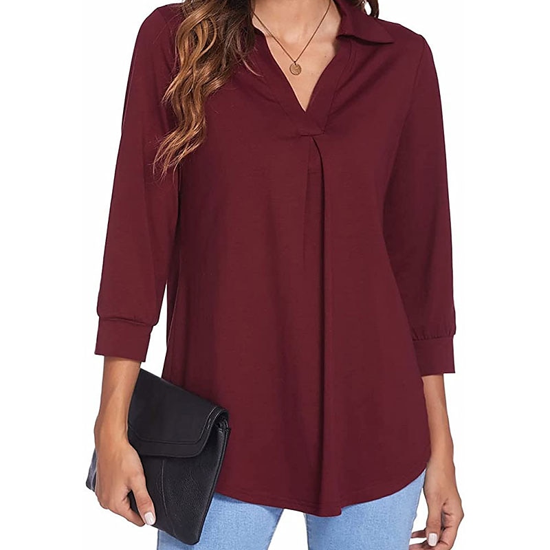 damesblouse t-shirt basic effen dagelijks v-hals normaal lente&amp;  herfst groen blauw wit zwart donker rood 2025 - $26.99 –P3
