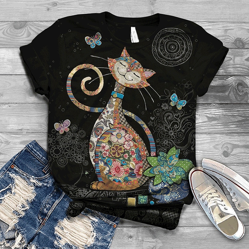 tricou de damă îmbrăcăminte de stradă cu imprimeu de pisici cu mânecă scurtă topuri obișnuite cu gâtul obișnuit ieșiri în weekend albastru bleumarin albastru portocaliu verde albastru păun vară 2025 - $19.99 –P6