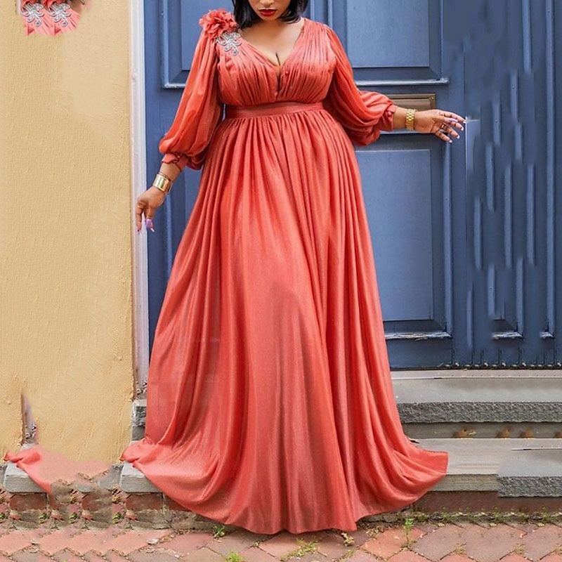 vestido de festa plus size curvo feminino cor sólida decote em v franzido  manga 3/4