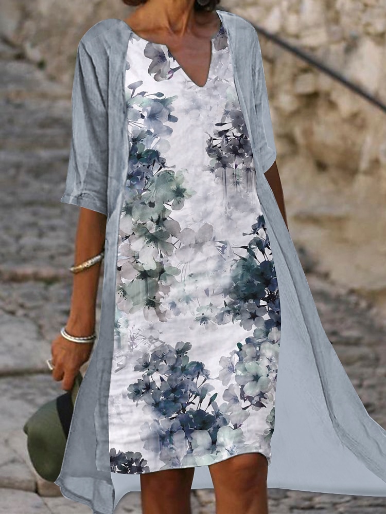 Women's Dress Set Two Piece Dress A Line Dress Midi Dress Light Blue Gray Half Sleeve Floral Print Summer Spring V Neck Elegant 2023 S M L XL XXL 3XL 2025 - $31.99 –P2