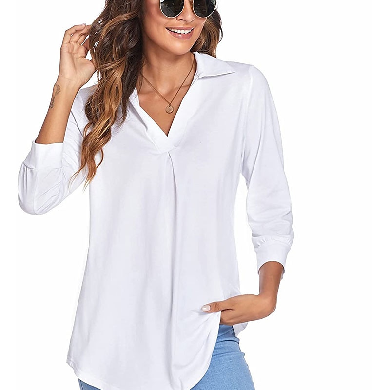 damesblouse t-shirt basic effen dagelijks v-hals normaal lente&amp;  herfst groen blauw wit zwart donker rood 2025 - $26.99 –P18