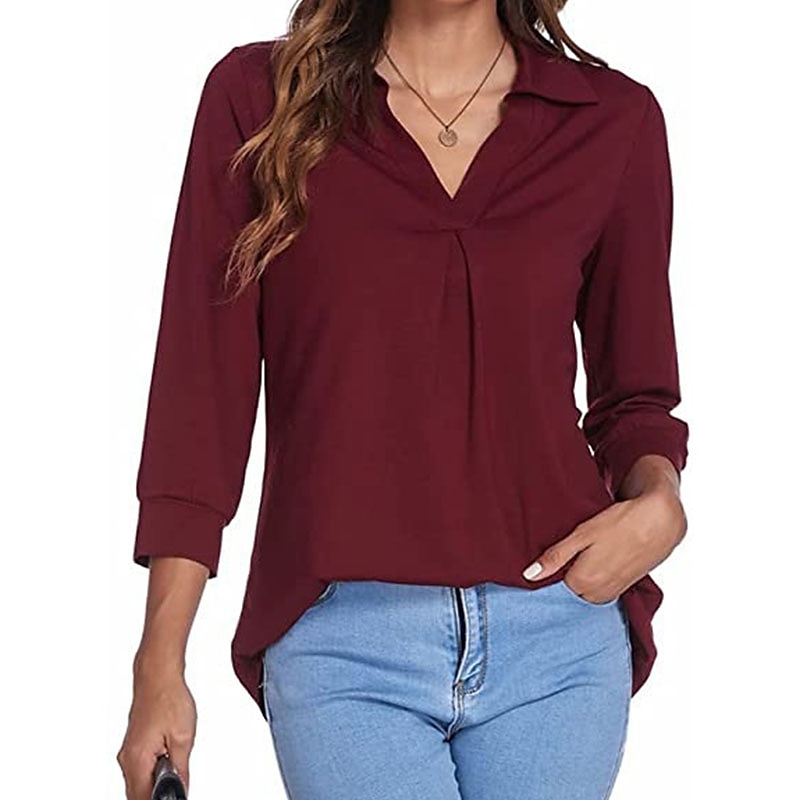 damesblouse t-shirt basic effen dagelijks v-hals normaal lente&amp;  herfst groen blauw wit zwart donker rood 2025 - $26.99 –P1