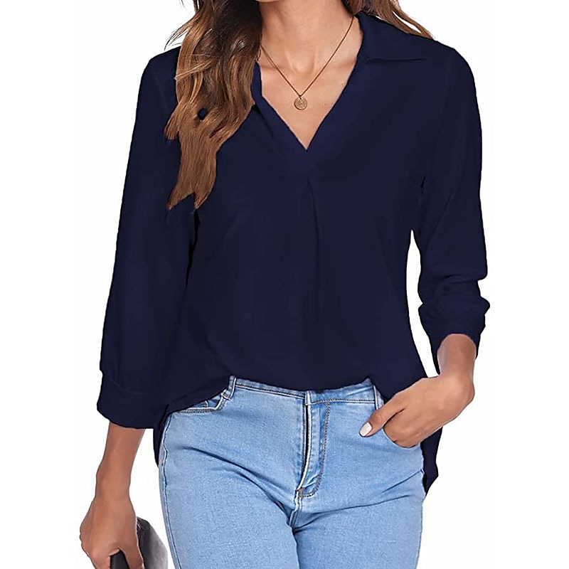 damesblouse t-shirt basic effen dagelijks v-hals normaal lente&amp;  herfst groen blauw wit zwart donker rood 2025 - $26.99 –P10