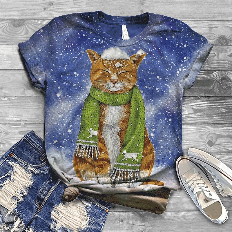 tricou de damă îmbrăcăminte de stradă cu imprimeu de pisici cu mânecă scurtă topuri obișnuite cu gâtul obișnuit ieșiri în weekend albastru bleumarin albastru portocaliu verde albastru păun vară 2025 - $19.99 –P5