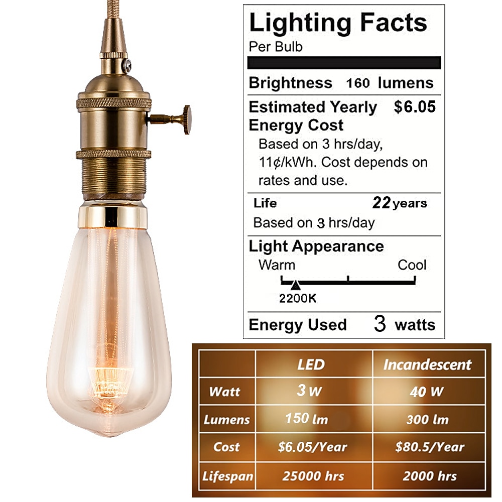 St64 Guide Light 3PCS ST64 Vintage Edison LED Light guide Light Bulbs 3W 220V 110V E26 ...