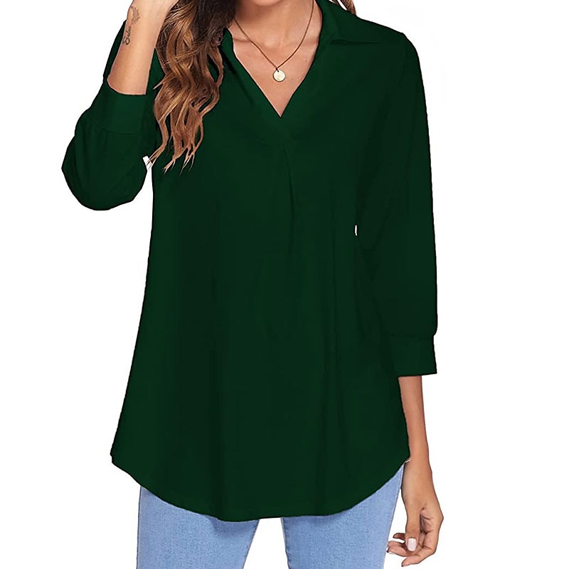 damesblouse t-shirt basic effen dagelijks v-hals normaal lente&amp;  herfst groen blauw wit zwart donker rood 2025 - $26.99 –P20
