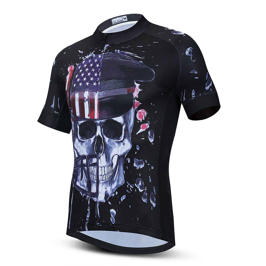 Mens Cycling Jersey Short Sleeves Mountain Bike Shirt MTB Top Zipper Pocket Reflective Skull