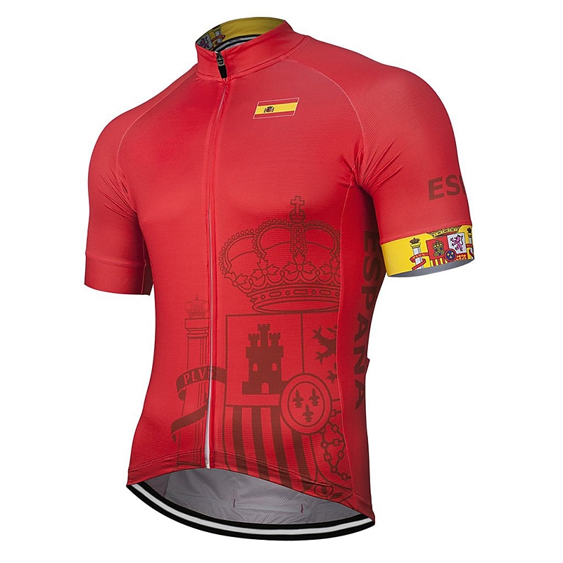 Homme Maillot de cyclisme Espagne Drapeau national Manche Courte Cyclisme Maillot Top avec 3 poches arrière VTT Vélo tout terrain Cyclisme sur route Résistant aux UV Séchage Rapide Bandes de 2025 ? $29.99 –P1