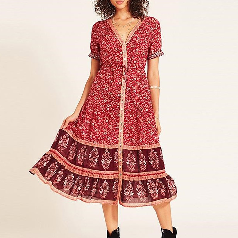 Pentru femei Rochii Midi Rochie casual Rochie etnică Rochie leagăn Rochie Boho Stilat Modern Casual În aer liber Vacanță Concediu Fit regulat Floral Imprimeu Paisley Manșon scurt În V Roșu-aprins 2025 - $36.99 –P1