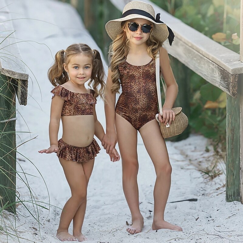 chaqlin Animal Print Girls One Piece V-Neck Swimsuit Sleeveless Beach Swimwear Bathing Vacation Suit 5-14 Years 