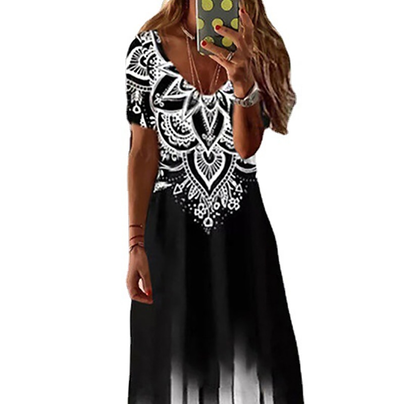 Robe Maxi Femme Robe Décontractée Robe Swing Robe Longue Noire Manches Courtes Imprimé Géométrique Printemps Été Col en V Décontractée Coupe Lâche 2023 S M L XL XXL 3XL de 2025 ? $30.99 –P2