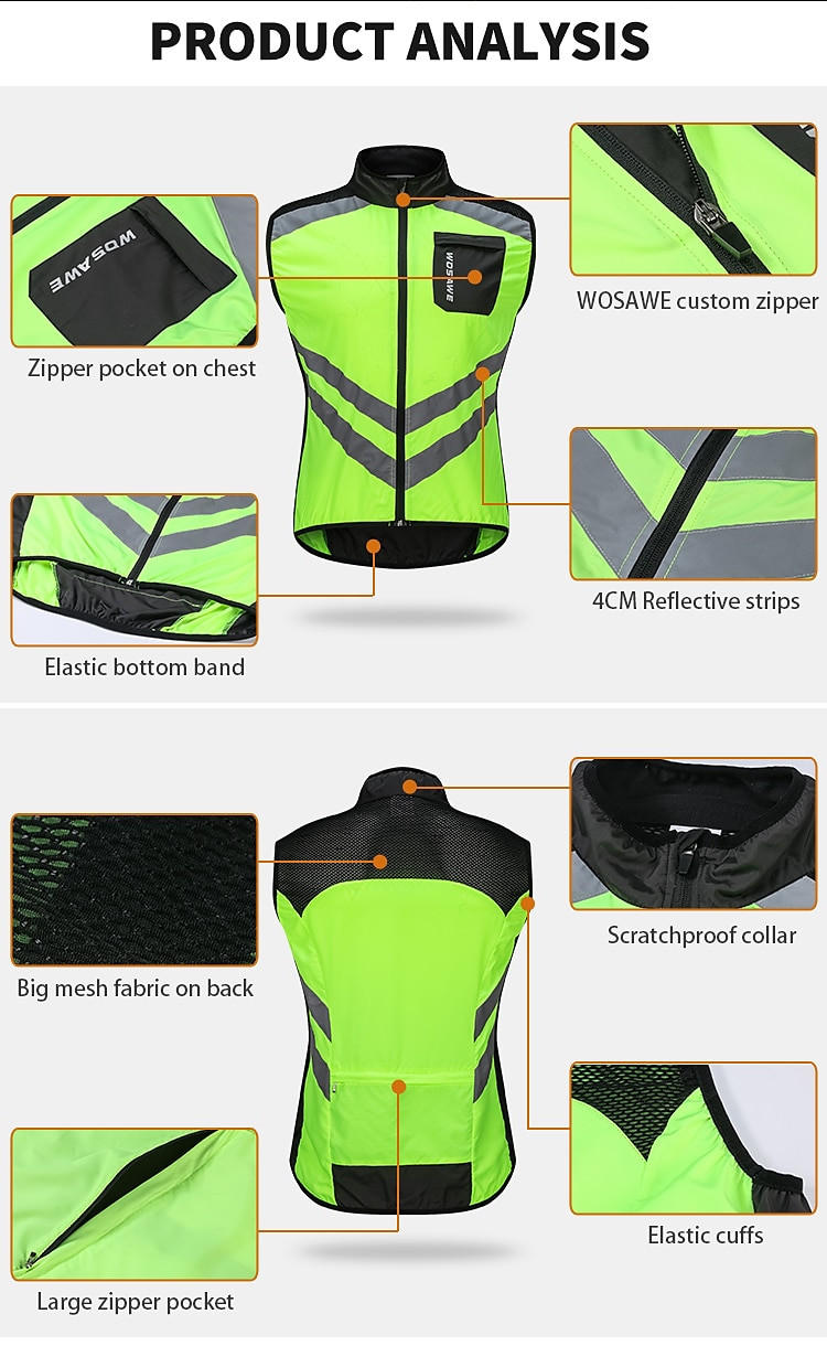 WOSAWE Voor heren Wielrenvest Mouwloos Bergracen Wegwielrennen Marine Zwart Groen Fietsen Ves / Mouwloos Shirt Winddicht Reflecterende strips Achterzak Sport Effen Kleur Kleding / Gevorderd / Rekbaar 2025 - $27.99 –P7