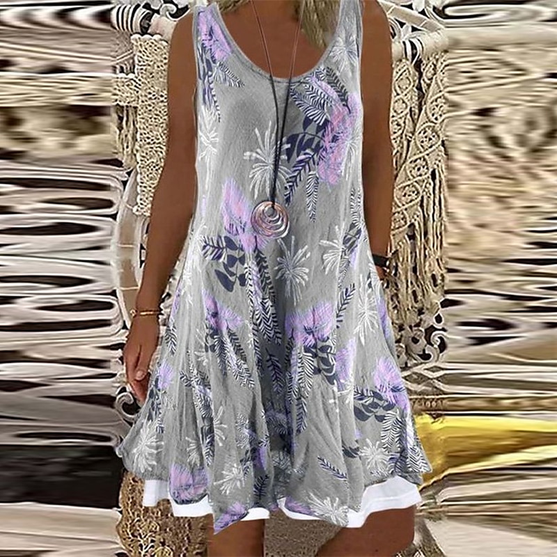 rochie lejeră damă rochie schimbătoare rochie mini gri fără mâneci floral fals două piese vară primăvară decolteu turn elegant 2023 5xl 2025 - $23.99 –P2