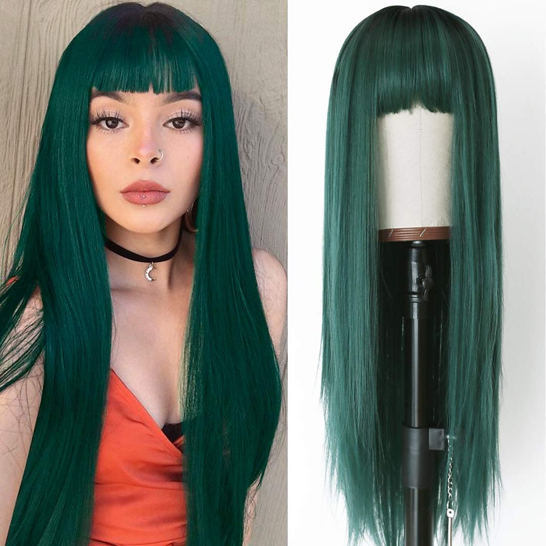 groene pruik steil haar pruik met lucht pony machine pruik diepe wortel gradiënt groen 2 kleuren lange hittebestendige vezel synthetisch haar lijm gratis 24 inch 2025 - $28.99 –P2