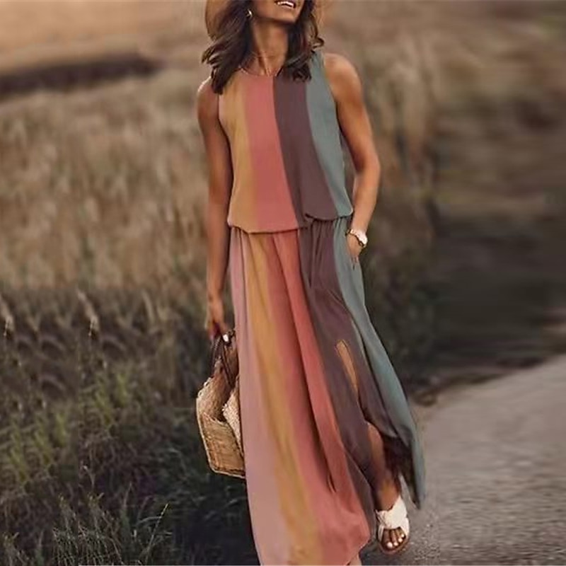 Femme Robe longue maxi Robe casual Robe ethnique robe boheme mode Décontractées Extérieur Vacances du quotidien Ample Floral à imprimé arc-en-ciel Sans Manches Col Ras du Cou Jaune Rose Claire Bleu de 2025 ? $23.99 –P2