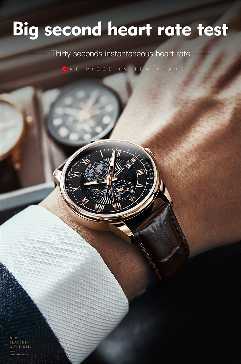 Mechanical Watch for Men Business Luxury Analog Wristwatch CalendarAutomatic Self-winding Moon Phase Waterproof Noctilucent Genuine Leather Watch Gift 2025 - $132.99 –P11