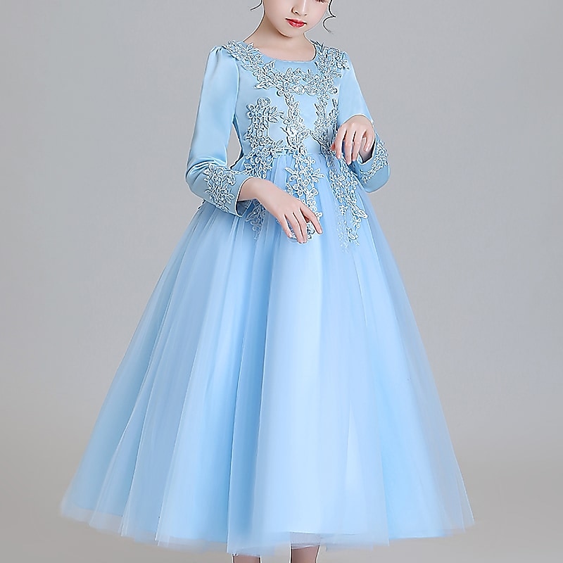 Blumenmädchenkleid Mädchen Kleid Prinzessinenkleid Party Kleid Formal Hochzeit Party Elegant Kuschelig Ausgefallene Kindertag Gitter Blumen Langarm Rundhalsausschnitt Beige Weiß 2025 - $45.99 –P9